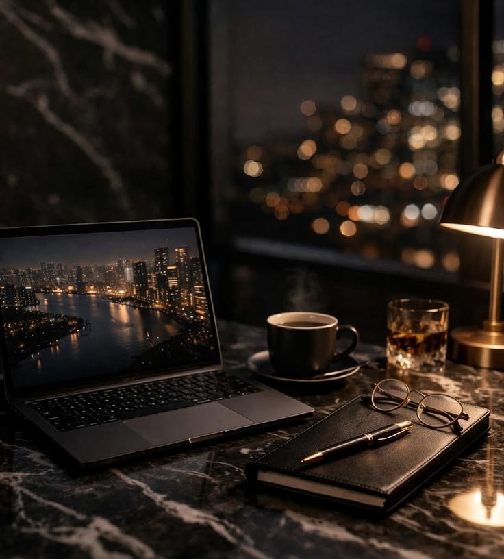 Laptop open on a desk at night